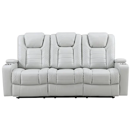 Contemporary Power Reclining Sofa with Power Tilt Headrests, Drop Down Table, and Power Strip